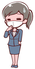 風邪をひいて熱がある体調不良のアニメ風の女性会社員