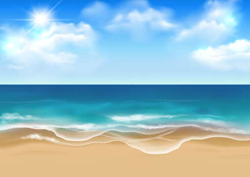 Vector realistic sunny beach landscape with blue sky and clouds
