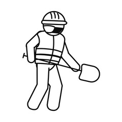 pictogram contruction worker with security helmet and mask holding a shovel, line style