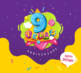 happy birthday kids illustration. 9
 years anniversary