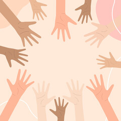 Social diversity concept, Hands up, People raising hands in the air, Hands Diverse Diversity Ethnic Ethnicity Variation, International Human Rights awareness month illustration for global equality and