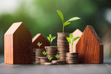 Investment in the real estate business. Money coin stack growing graph and wood house model. Loans...