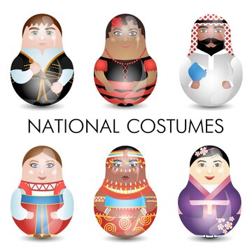 Modern kawaii dolls for your business project. Multiracial. National costumes.