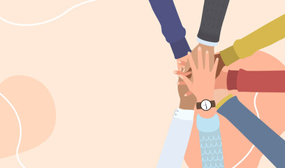 Diverse team putting their hands together, Young people putting their hands together. Friends with stack of hands showing unity and teamwork, top view. Vector flat illustration, Concept of cooperation