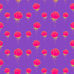 Fototapeta na wymiar Stylized background with bright pink roses on a lilac background. Idea for wallpaper, packaging, textile. Trace