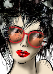 art colorful illustration with close-up face of beautiful girl with glasses, with black curly  hair on white background in graphic and watercolor style