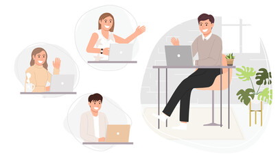 Flat style vector illustration of people working online, meeting conference at home or anywhere. Coronavirus quarantine, Social-distance.