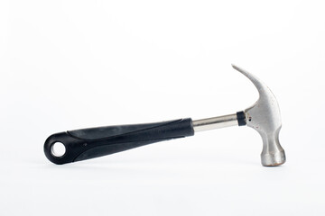 a hammer with black rubber handle isolated on white background