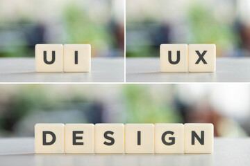 collage of white blocks with ui, ux, design lettering on office desk