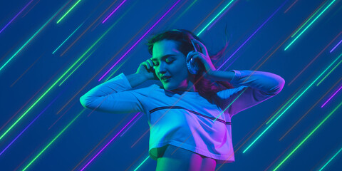 Woman listen to music in headphones. Creative portrait with copyspace. Neon lighted, colored portrait with neon, flyer, proposal. Motion, action, youth culture concept. Contemporary art, modern design