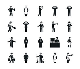 pictogram construction worker and essential workers icon set, silhouette style