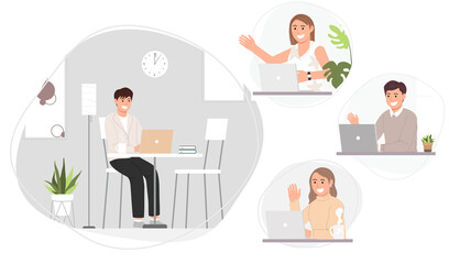 Flat style vector illustration of people working online, meeting conference at home or anywhere. Coronavirus quarantine, Social-distance.Flat style vector illustration of people working online, meetin