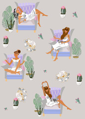 Fashion girl in red dress with her cat  having a rest in her armchair at home. Indoor plants and  a cage with a bird.   Hand drawn vector illustration. 