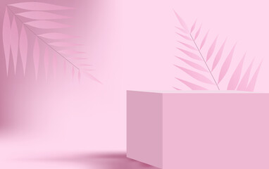 Pink background with absract tropical leaves and pink cube. podium. modern background. vector illustration. eps 10