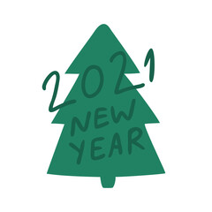 Poster or postcard for the new year 2021 with a Christmas tree. Vector illustration in Doodle style for your printed or web products.