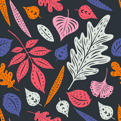 Different leaves types silhouettes isolated on background seamless pattern. Repeating vector illustration with foliage in trendy modern colors.