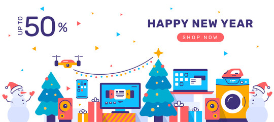 Vector winter illustration of set of household appliances on white background with christmas tree and happy snowman. Sale of home domestic electronic appliances.