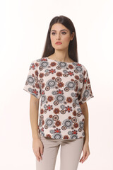 Indian business woman executive in summer printed short sleeve blouse