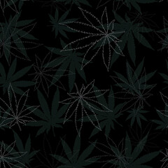 Weed Leaf Drawing, Holiday Happy Background, Marijuana Leaves Black Pattern. Cannabis Plant background. Hand Drawn style. Vector