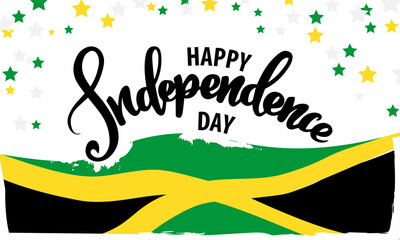 Jamaica Independence Day lettering. Waving flag. Vector illustration on white background for greetings flyers posters