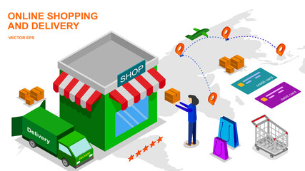 online shopping and delivery concept with shop, credit card and icon about shopping isolate on white. Panoramic copy space for text / Payment concept and global online freight