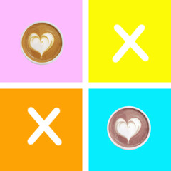 Contemporary collage. Two cups of coffee and cocoa on a bright colorful background for playing tic...