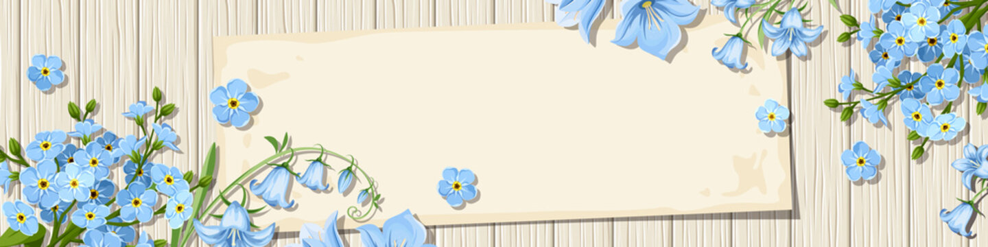 Vector banner with blue forget-me-not and bluebell flowers on a wooden background.
