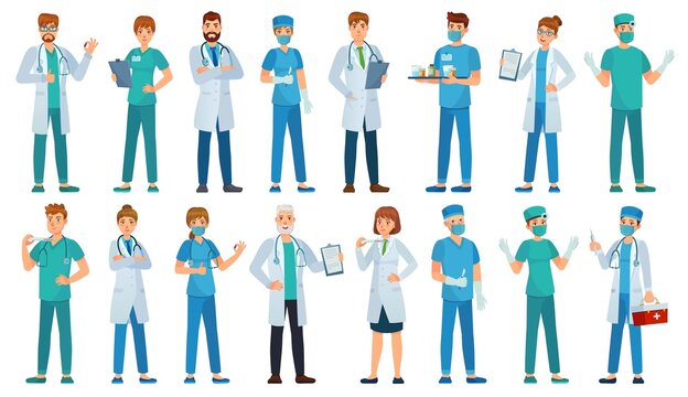 Hospital staff. Clinic workers, pharmacist, nurse in uniform and ambulance doctors characters cartoon vector illustration set. Medical staff, pharmacist and physician doctor, paramedic and chemist