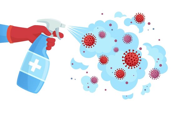 Covid 19 disinfection. Sanitizer spray, sprayed disinfectant kill bacteria and virus. Coronavirus protection concept vector illustration. Disinfectant bacteria, covid-19 virus, protection disinfection