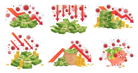 Obraz premium COVID-19 Global economic crisis. Pandemic financial fallout, coronavirus on money pile or corona crisis vector concept illustration set. Crisis coronavirus, financial outbreak information