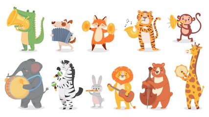Animals play music. Cute animal playing music instruments, monkey plays trumpet and crocodile with saxophone vector illustration set. Cartoon animal play music, design drum instrument