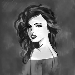 art monochrome illustration with face of beautiful girl with black long curly hair, in party dress on grey background in graphic and watercolor style