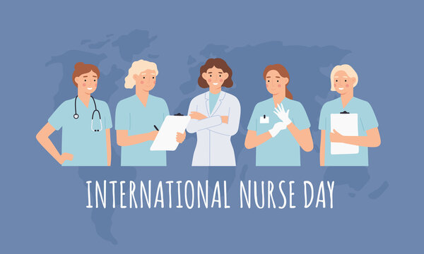 International nurse day. Clinical professional nurses, women doctors in medical gowns and stethoscope. Healthcare 12 may vector poster. Medical nurse international holiday illustration