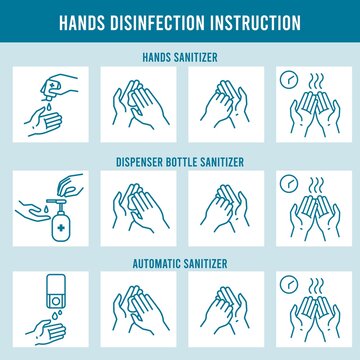 Hands Disinfection Instruction. Clean Hand, Hygiene And Healthcare. Use Alcohol Sanitizer, Rubbing Drying Hands Line Icons Vector Illustration. Disinfection Info For Hygiene, Prevention And Sanitizer