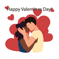 Happy Valentines Day greeting card, different ethnicity couple concept. Asian man kisses African American woman.