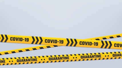 Covid-19 Quarantine stripes cordon or border, yellow tape. Warning cordon quarantine, prohibition and isolatio tape cause covid-2019 outbreak, 2019-ncov tape, vector illustration