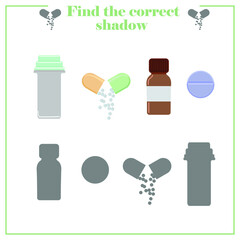 Pills and capsules. Find the correct shadow. Puzzle for children