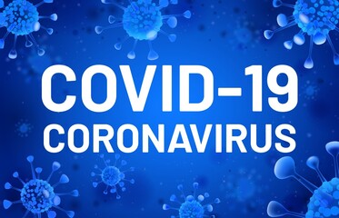 Covid-19. Coronavirus banner with blue cells float, epidemic corona virus 2019-ncov, effect,bacterial habitat, vector illustration - obrazy, fototapety, plakaty