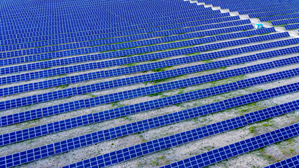 Background of solar pannels array as seen from above the modern static solar power station. Green...