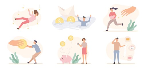Financial problems. Global crisis business bankruptcy, unpaid loan debt. Money problem, depressed people vector set. Bankruptcy and problem, crisis economic, finance loss market illustration