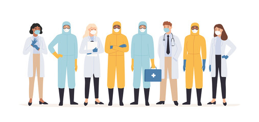 Medical workers. Professional doctors and nurses in protective suits standing together. Covid 19 virus outbreak pandemic vector concept. Medical covid-19, medicine professional team illustration