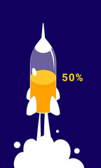 Vector business illustration of fly up spaceship is half full on dark color background with white cloud.