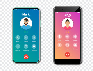 Smartphone call app interface template on a transparent background. Incoming call concept. Vector illustration