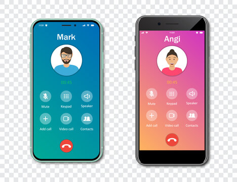 Smartphone call app interface template on a transparent background. Incoming call concept. Vector illustration