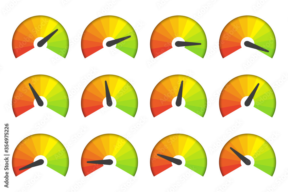 Poster set of measuring speedometer icons on a white background