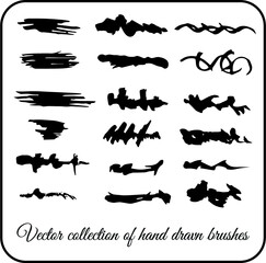 Brush paint strokes. Texture brushes Ink brush artistic decor design.Vector isolated elements set. Grungy black 