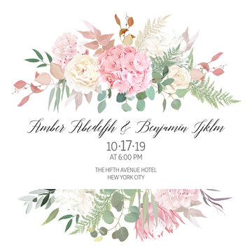 Dusty pink blush, white and creamy hydrangea, peony flowers vector design