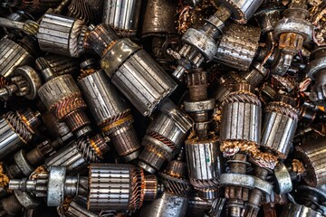 scrap yard of car's start motor rotor for recycling