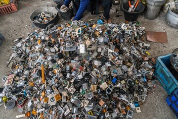  Scrap yard electronic waste for recycling with selective focus. electronic aluminium waste