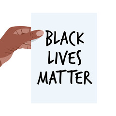 Black Lives Matter. Vector Illustration with text on white paper list in african woman hand. Protest against racism and social inequality concept. For social media, web, banner, tag